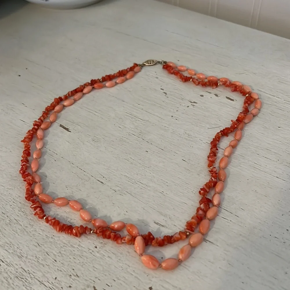 Vintage coral 2 string necklace with 14k gold filled clasp